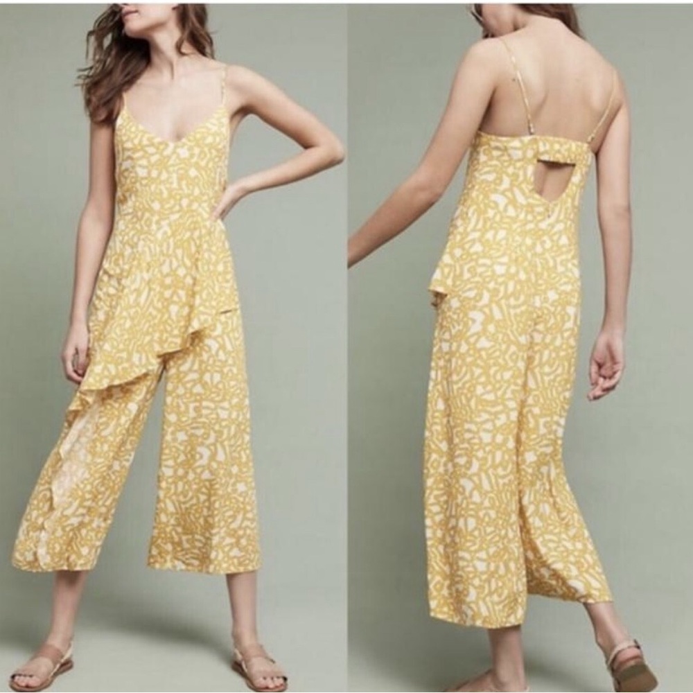 Women’s MAEVE Brittany goldenrod yellow & white print ruffle jumpsuit- Size 0